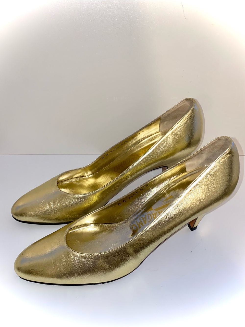 Salvatore Ferragamo Gold Leather Mid-Heel Pumps